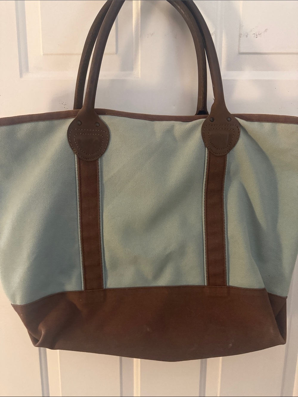 Restoration hardware large BOAT TOTE ..Sage green chocolate, brown, all leather